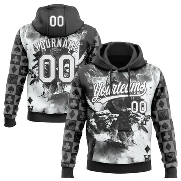 Custom Stitched Black White-Steel Gray 3D Skull Poker Pattern Pullover Sweatshirt Hoodie