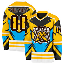 Load image into Gallery viewer, Custom Gold Brown Blue Black-White 3D Pattern Cyber Mecha E-sport Hockey Jersey
