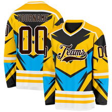 Load image into Gallery viewer, Custom Gold Brown Blue Black-White 3D Pattern Cyber Mecha E-sport Hockey Jersey
