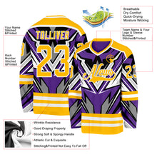 Load image into Gallery viewer, Custom Purple Gold Black Gray-White 3D Pattern Cyber Mecha E-sport Hockey Jersey
