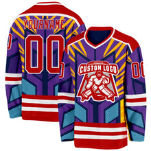 Load image into Gallery viewer, Custom Purple Red Yellow Blue-White 3D Pattern Cyber Mecha E-sport Hockey Jersey
