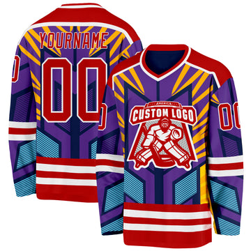 Custom Purple Red Yellow Blue-White 3D Pattern Cyber Mecha E-sport Hockey Jersey