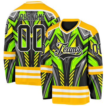 Custom Gold Black Green Gray-White 3D Pattern Cyber Mecha E-sport Hockey Jersey