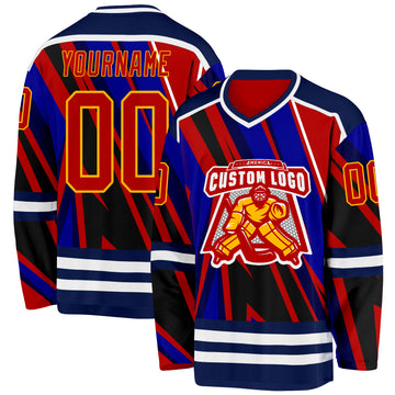 Custom Blue Red Navy Yellow-White 3D Pattern Cyber Mecha E-sport Hockey Jersey