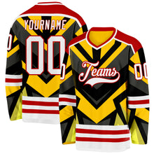 Load image into Gallery viewer, Custom Gold White Black-Red 3D Pattern Cyber Mecha E-sport Hockey Jersey

