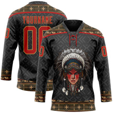 Load image into Gallery viewer, Custom Black Red-Old Gold 3D Pattern Native Americans Tribal Indigenous People Hockey Lace Neck Jersey
