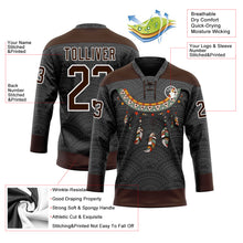 Load image into Gallery viewer, Custom Black Brown-White 3D Pattern Native Americans Tribal Indigenous People Hockey Lace Neck Jersey
