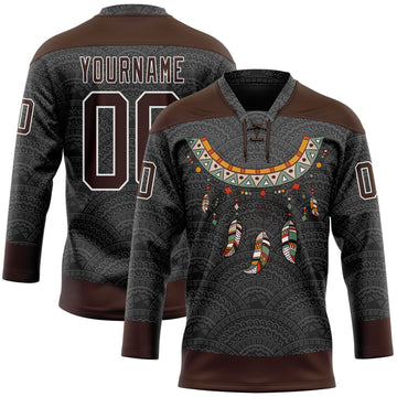 Custom Black Brown-White 3D Pattern Native Americans Tribal Indigenous People Hockey Lace Neck Jersey