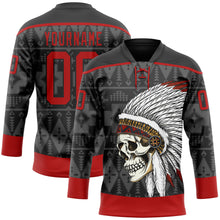 Charger l'image dans la galerie, Custom Black Red 3D Pattern Native Americans Tribal Indigenous People Hockey Lace Neck Jersey
