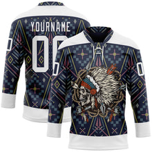 Charger l'image dans la galerie, Custom Navy White 3D Pattern Native Americans Tribal Indigenous People Hockey Lace Neck Jersey
