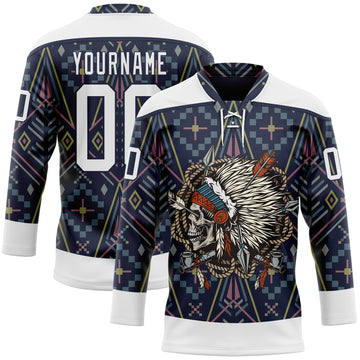Custom Navy White 3D Pattern Native Americans Tribal Indigenous People Hockey Lace Neck Jersey