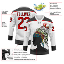 Charger l'image dans la galerie, Custom White Red-Black 3D Pattern Native Americans Tribal Indigenous People Hockey Lace Neck Jersey
