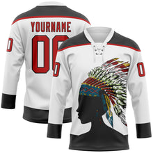 Charger l'image dans la galerie, Custom White Red-Black 3D Pattern Native Americans Tribal Indigenous People Hockey Lace Neck Jersey
