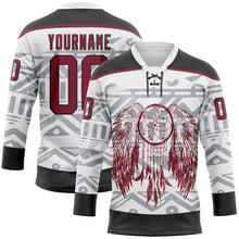 Load image into Gallery viewer, Custom White Crimson-Black 3D Pattern Native Americans Tribal Indigenous People Hockey Lace Neck Jersey
