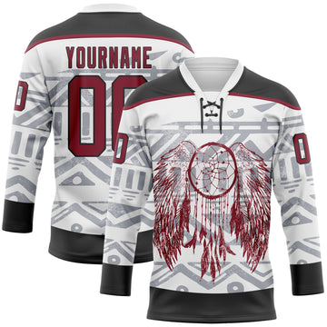 Custom White Crimson-Black 3D Pattern Native Americans Tribal Indigenous People Hockey Lace Neck Jersey