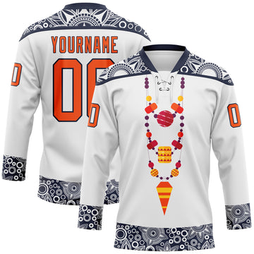 Custom White Orange-Navy 3D Pattern Native Americans Tribal Indigenous People Hockey Lace Neck Jersey