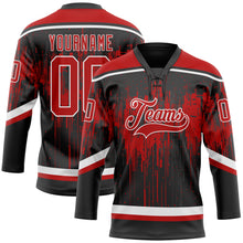 Load image into Gallery viewer, Custom Black Red Steel Gray-White 3D Pattern Dripping Splatter Hockey Lace Neck Jersey

