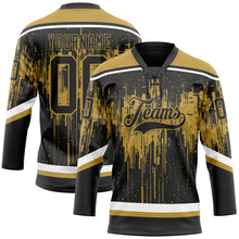 Load image into Gallery viewer, Custom Black Old Gold Steel Gray-White 3D Pattern Dripping Splatter Hockey Lace Neck Jersey
