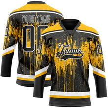 Load image into Gallery viewer, Custom Black Gold Steel Gray-White 3D Pattern Dripping Splatter Hockey Lace Neck Jersey
