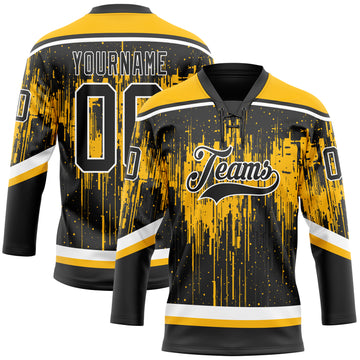 Custom Black Gold Steel Gray-White 3D Pattern Dripping Splatter Hockey Lace Neck Jersey