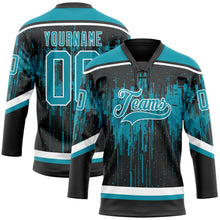 Load image into Gallery viewer, Custom Black Teal Steel Gray-White 3D Pattern Dripping Splatter Hockey Lace Neck Jersey

