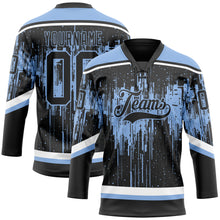 Load image into Gallery viewer, Custom Black Light Blue Steel Gray-White 3D Pattern Dripping Splatter Hockey Lace Neck Jersey

