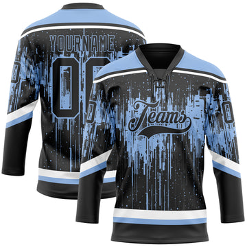 Custom Black Light Blue Steel Gray-White 3D Pattern Dripping Splatter Hockey Lace Neck Jersey