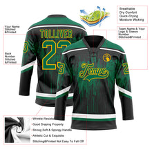 Load image into Gallery viewer, Custom Black Kelly Green Gold Steel Gray-White 3D Pattern Dripping Splatter Hockey Lace Neck Jersey
