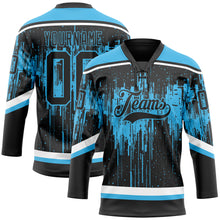 Load image into Gallery viewer, Custom Black Sky Blue Steel Gray-White 3D Pattern Dripping Splatter Hockey Lace Neck Jersey
