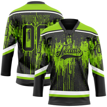 Custom Black Neon Green Steel Gray-White 3D Pattern Dripping Splatter Hockey Lace Neck Jersey