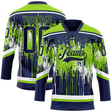 Load image into Gallery viewer, Custom Navy Neon Green-White 3D Pattern Dripping Splatter Hockey Lace Neck Jersey
