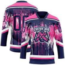 Load image into Gallery viewer, Custom Navy Pink-White 3D Pattern Dripping Splatter Hockey Lace Neck Jersey
