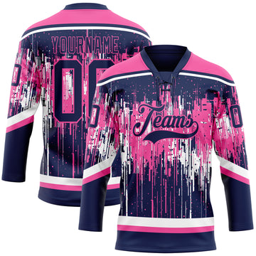 Custom Navy Pink-White 3D Pattern Dripping Splatter Hockey Lace Neck Jersey