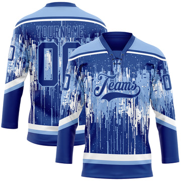 Custom Royal Light Blue-White 3D Pattern Dripping Splatter Hockey Lace Neck Jersey