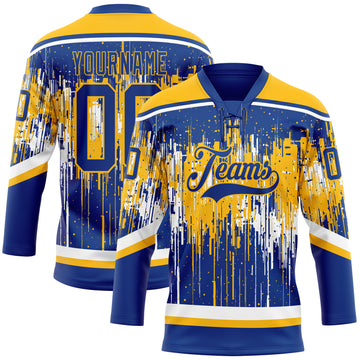 Custom Royal Gold-White 3D Pattern Dripping Splatter Hockey Lace Neck Jersey