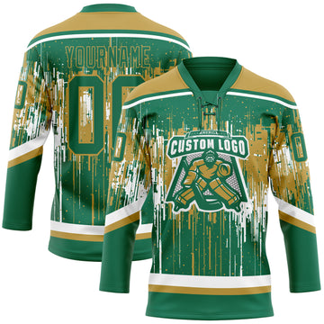 Custom Kelly Green Old Gold-White 3D Pattern Dripping Splatter Hockey Lace Neck Jersey