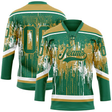 Load image into Gallery viewer, Custom Kelly Green Old Gold-White 3D Pattern Dripping Splatter Hockey Lace Neck Jersey
