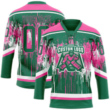 Load image into Gallery viewer, Custom Kelly Green Pink-White 3D Pattern Dripping Splatter Hockey Lace Neck Jersey
