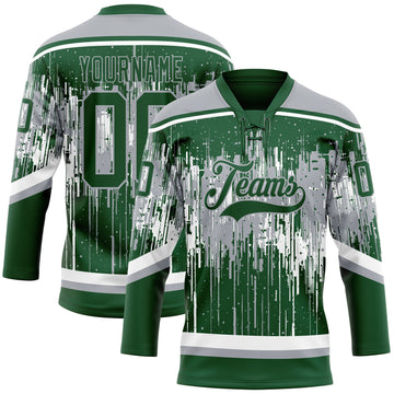 Custom Green Gray-White 3D Pattern Dripping Splatter Hockey Lace Neck Jersey