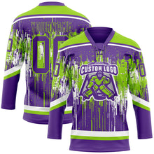 Laden Sie das Bild in den Galerie-Viewer, Custom Purple Neon Green-White 3D Pattern Dripping Splatter Hockey Lace Neck Jersey
