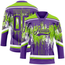 Charger l'image dans la galerie, Custom Purple Neon Green-White 3D Pattern Dripping Splatter Hockey Lace Neck Jersey
