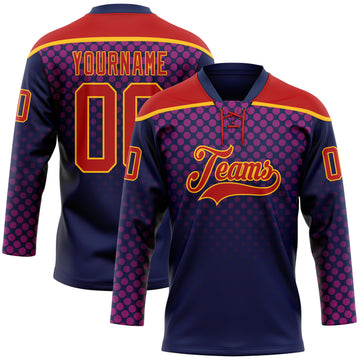 Custom Red Navy-Gold 3D Pattern Abstract Gradient Halftone Hockey Lace Neck Jersey