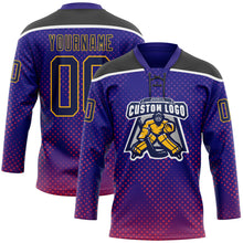 Load image into Gallery viewer, Custom Dark Purple Navy Gold Red Black-White 3D Pattern Abstract Gradient Halftone Hockey Lace Neck Jersey
