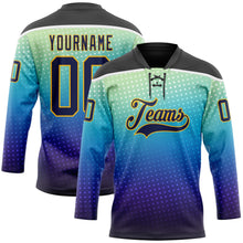 Load image into Gallery viewer, Custom Black Navy Blue Gold-White 3D Pattern Abstract Gradient Halftone Hockey Lace Neck Jersey
