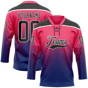 Custom Neon Pink Black Blue-White 3D Pattern Abstract Gradient Halftone Hockey Lace Neck Jersey
