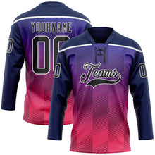 Load image into Gallery viewer, Custom Navy Black Red-White 3D Pattern Abstract Gradient Halftone Hockey Lace Neck Jersey
