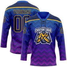 Загрузить изображение в средство просмотра галереи, Custom Blue Navy Purple-Gold 3D Pattern Abstract Gradient Halftone Hockey Lace Neck Jersey
