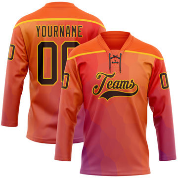 Custom Orange Brown Red Navy-Gold 3D Pattern Abstract Gradient Halftone Hockey Lace Neck Jersey