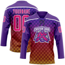 Load image into Gallery viewer, Custom Purple Hot Pink Old Gold-White 3D Pattern Abstract Gradient Halftone Hockey Lace Neck Jersey
