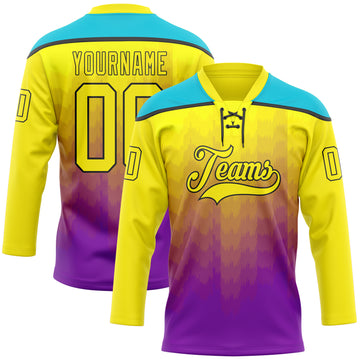 Custom Light Yellow Purple Lakes Blue-Black 3D Pattern Abstract Gradient Halftone Hockey Lace Neck Jersey